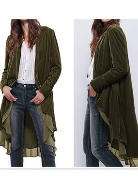 R. Vivimos Velvet Olive Green Whimsical Goth Ruffle Duster Cardigan Size XL NWT